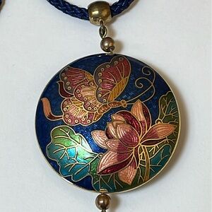 Vintage Cloisonné Enamel Butterfly Floral Two-Sided Corded Tassel Necklace